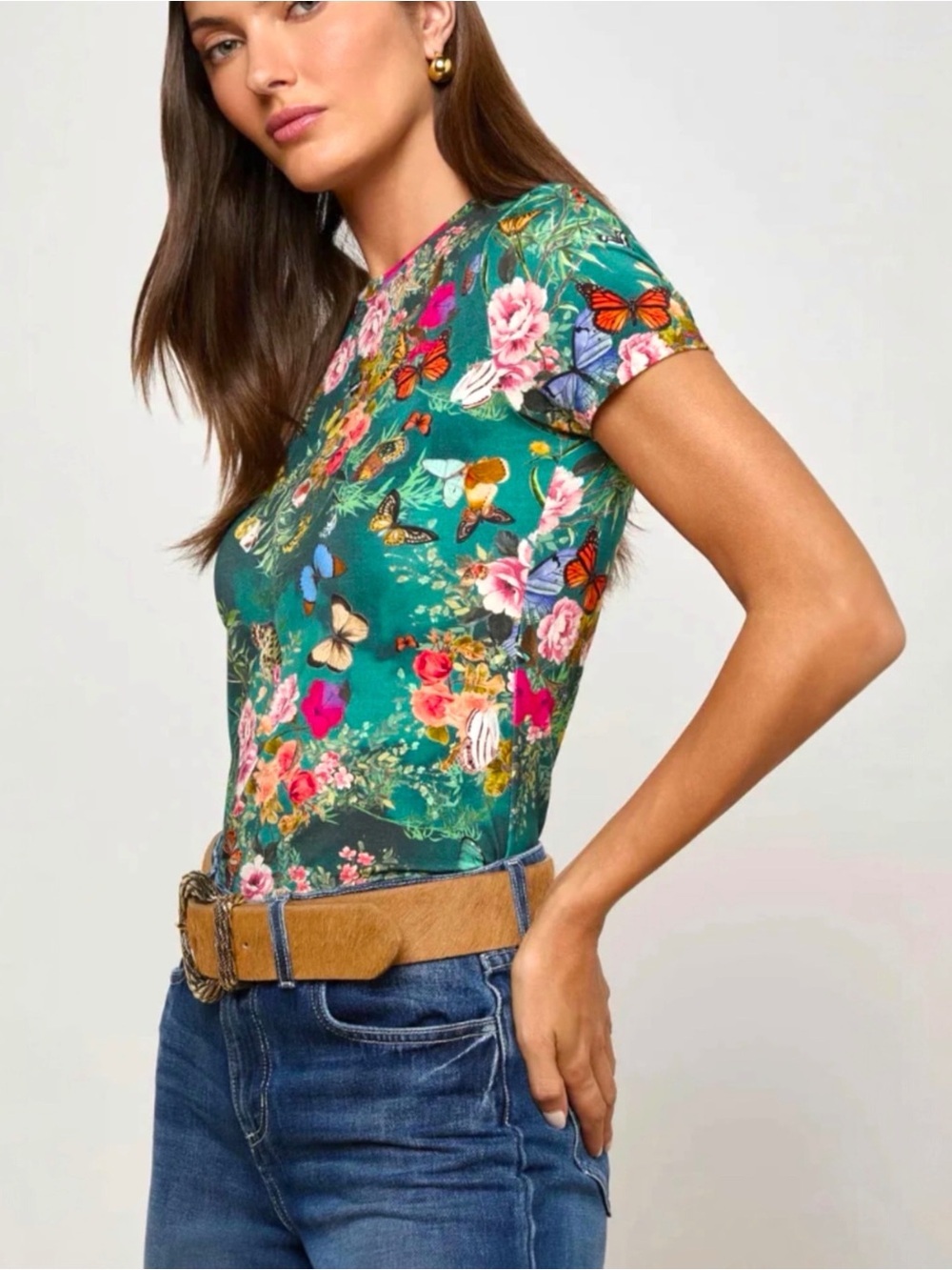 L'AGENCE Ressi Charonda Butterfly Floral Print Women’s Fitted Tee Size XSmall